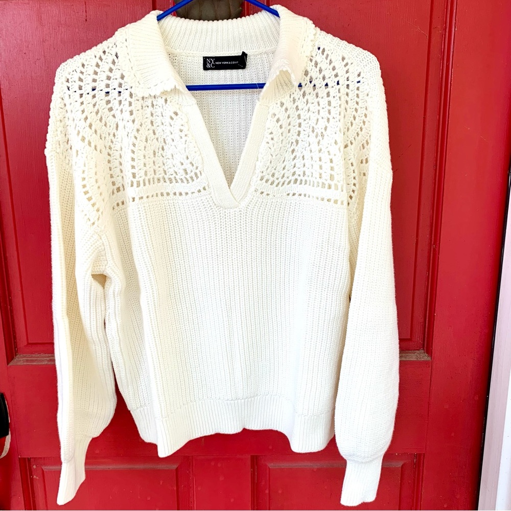 New York & Company Long Sleeve Crochet Yoke Sweater - Picture 3 of 5